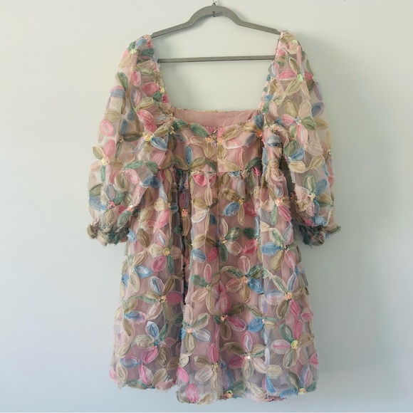 Storia Stacy Sequin Floral Multi Puffed Sleeve Sparkle Babydoll Mini Dress L - Picture 4 of 11